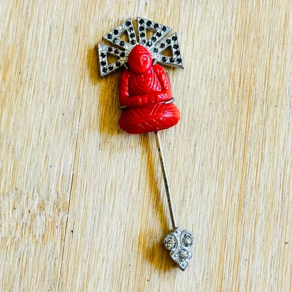 Buddha Faux Coral Glass Jabot Stick Pin VTG Antique Paste Rhinestone Art Deco